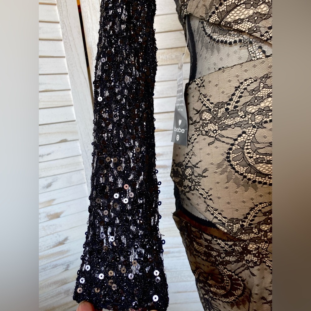 NWT BEBE Addiction Sparkle One Sleeve Lace Dress‎ - Picture 9 of 12